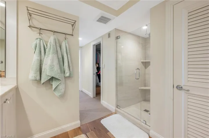 Spacious walk in shower and separate tub and water closet are wonderful features.