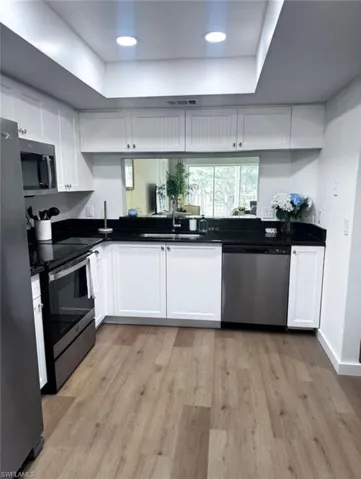 Kitchen featuring white cabinets, stainless steel appliances, light wood finished floors, a tray ceiling, and recessed lighting