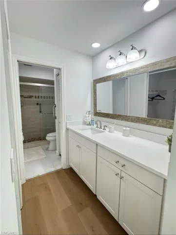 Bathroom with vanity, light wood-type flooring, a shower stall, and a spacious closet