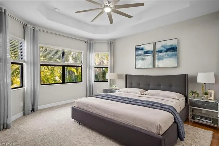Bedroom with a raised ceiling and a ceiling fan