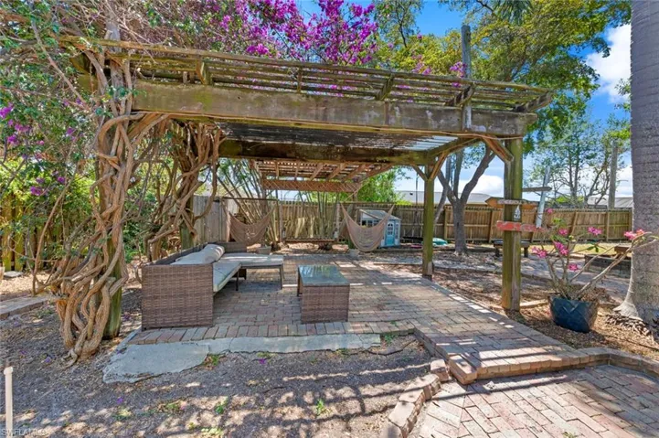 View of patio featuring a pergola, a fenced backyard, and an outdoor hangout area