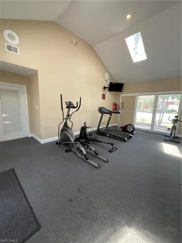 Workout area with a skylight, carpet flooring, and high vaulted ceiling
