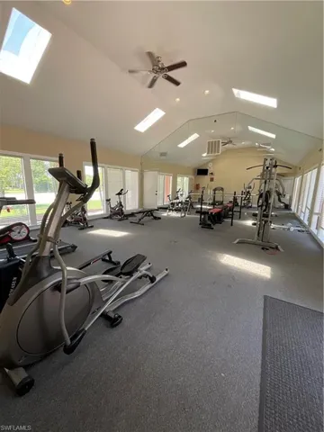 Exercise room featuring ceiling fan, carpet, and vaulted ceiling with skylight