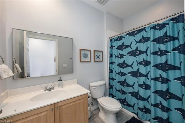 Bathroom featuring vanity, hardwood / wood-style floors, a shower with shower curtain, and toilet