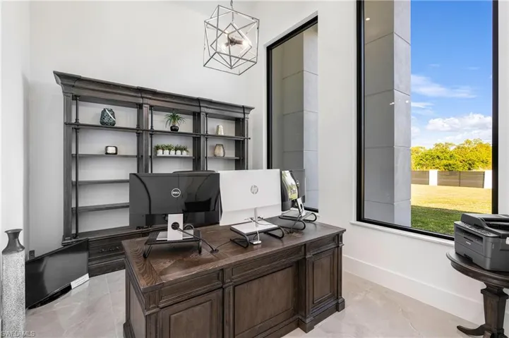 Office with a chandelier