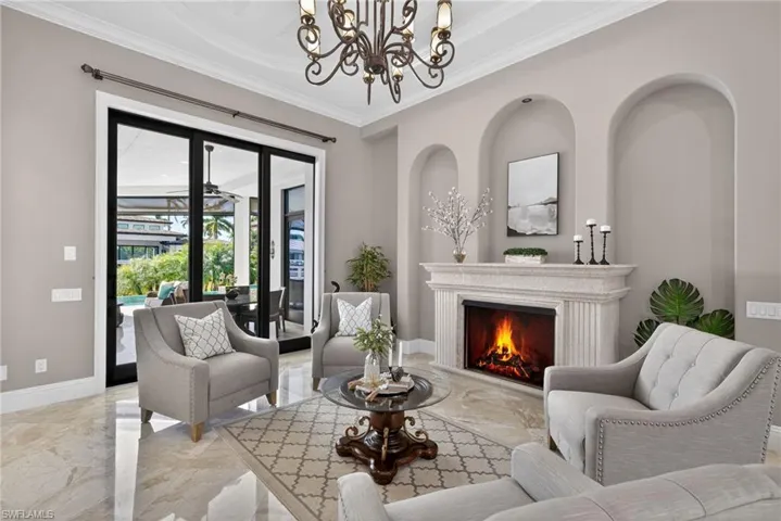 AI reimagined sitting area with fireplace