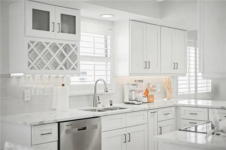 Kitchen wine rack and glass storage plantation shutters tasteful backsplash