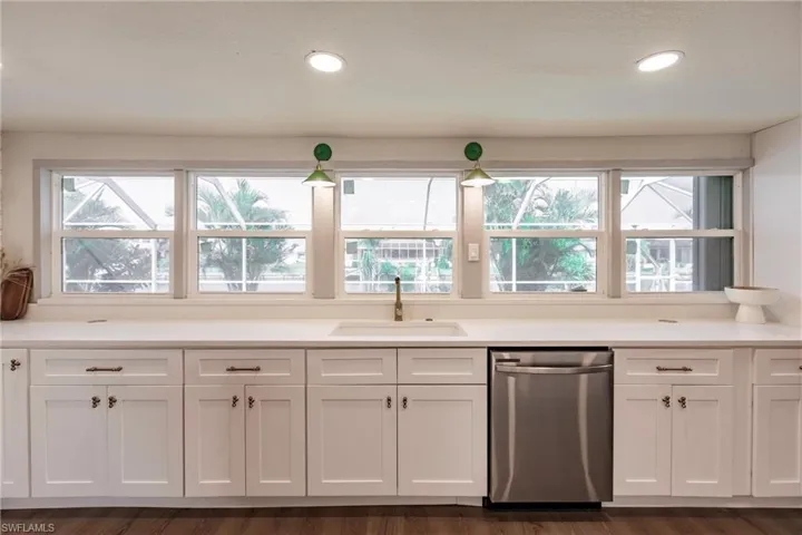 Kitchen with dark wood-type flooring, plenty of natural light, and stainless steel dishwasher