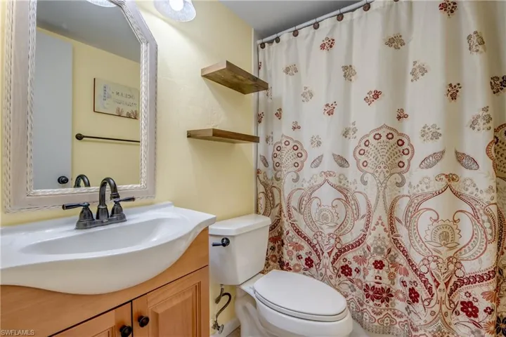 Bathroom with vanity and a shower with curtain