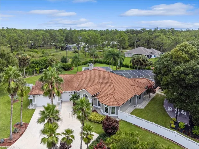 Aerial view large concrete stamped driveway