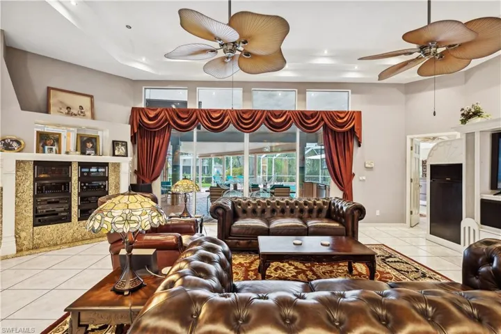Great room with fireplace and surround sound system