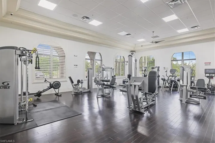 Gym with a tray ceiling, a drop ceiling, plenty of natural light, crown molding, and wood finished floors