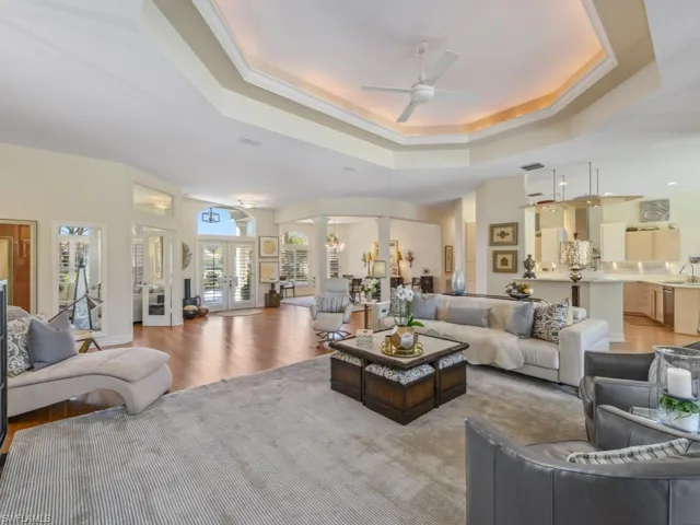 Living room with light wood-style flooring, a tray ceiling, french doors, decorative columns, and ceiling fan