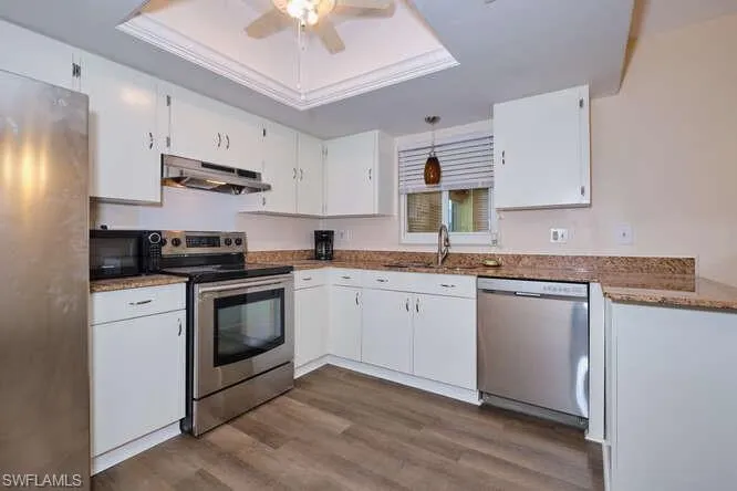 Kitchen with a raised ceiling, dark hardwood / wood-style floors, range hood, appliances with stainless steel finishes, and ceiling fan