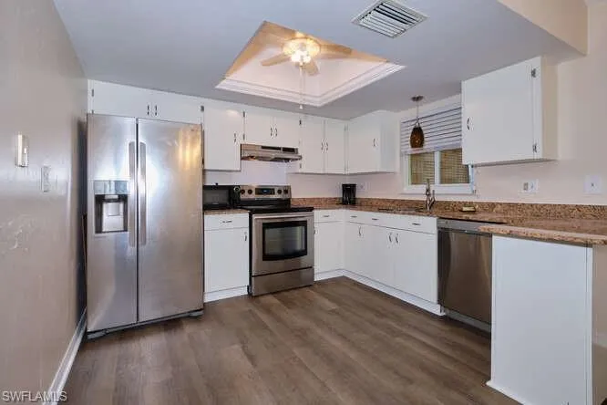 Kitchen featuring a raised ceiling, stainless steel appliances, ceiling fan, dark wood-type flooring, and white cabinets