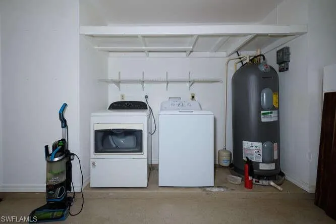 Laundry room featuring washing machine and dryer and water heater