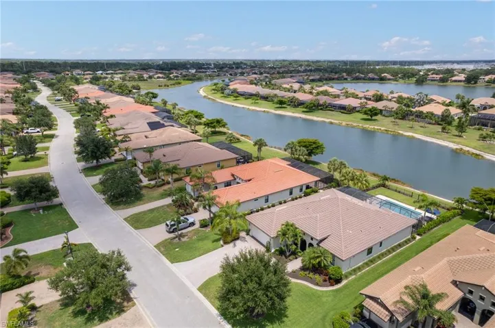 Aerial perspective of suburban area featuring a nearby body of water