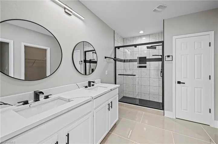 Full bath featuring a sink, visible vents, double vanity, and a shower stall