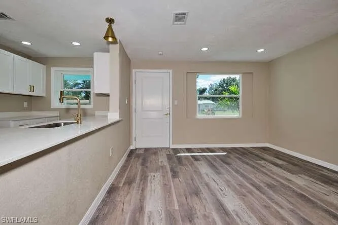 Kitchen featuring plenty of natural light, white cabinets, hardwood / wood-style flooring, and sink