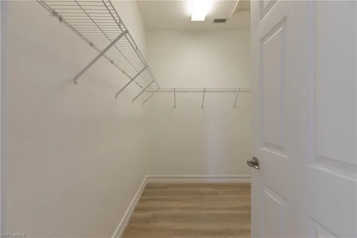 Master walk in closet with light wood-style flooring