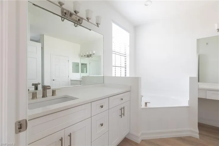 Master bathroom with light wood-style finished floors, vanity, and a garden tub