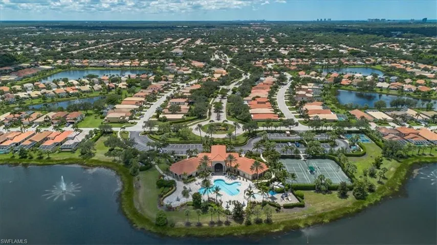 Aerial view of clubhouse & pool area.