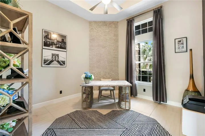 Tiled office space with ceiling fan