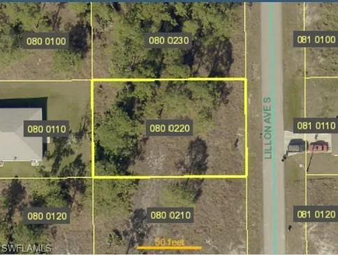 Aerial map of property and surrounding area with property boundaries highlighted