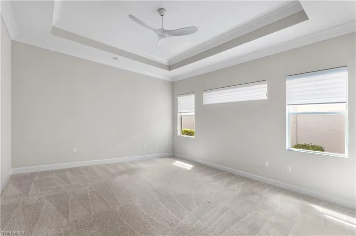 Primary Bedroom featuring a tray ceiling, ceiling fan, and multiple windows