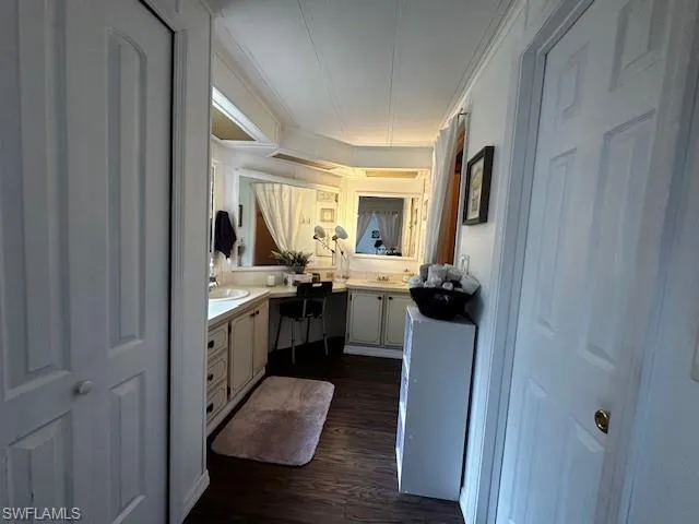 Bathroom featuring crown molding, hardwood / wood-style flooring, and vanity