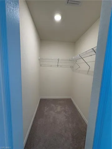 Walk in closet featuring dark colored carpet