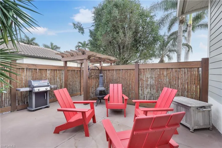 View of patio with a grill, a pergola, and a fenced backyard