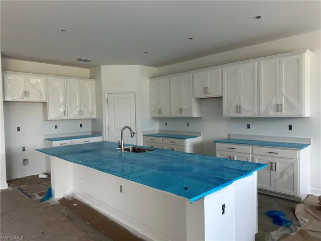 Kitchen with sink, white cabinetry, and an island with sink