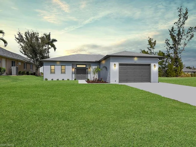 View of front facade featuring central air condition unit, stucco siding, driveway, a front lawn, and an attached garage