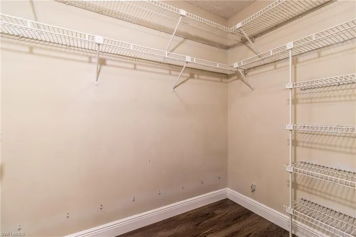 Walk in closet featuring dark wood-style floors