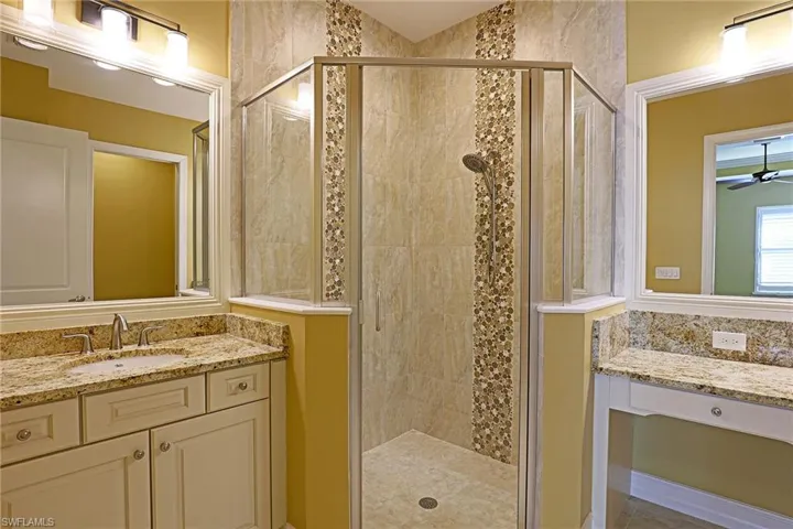 Bathroom with vanity, a shower stall, and ceiling fan