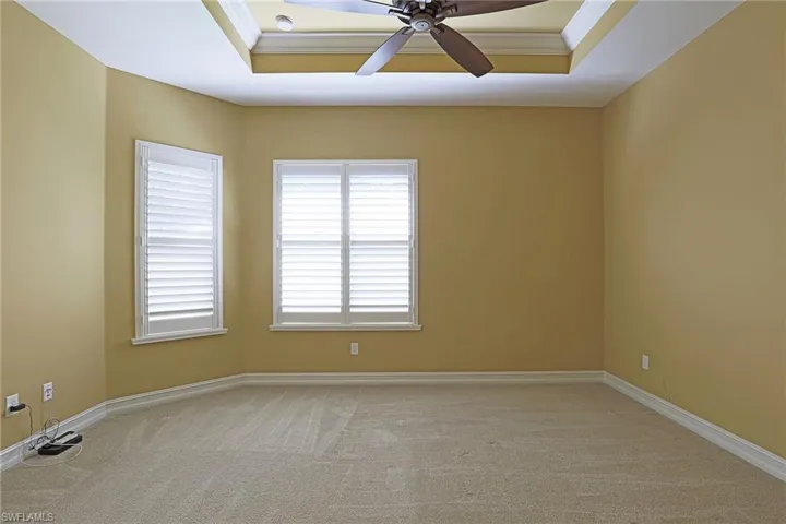 Spare room featuring ceiling fan, light carpet, a raised ceiling, and crown molding