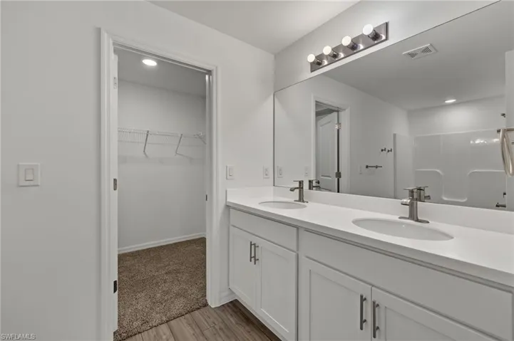 Full bathroom with double vanity, a spacious closet, visible vents, and a sink