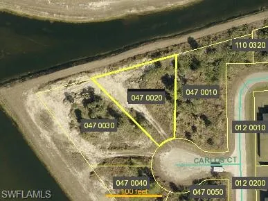 Aerial map of property and surrounding area with property parcel outlined