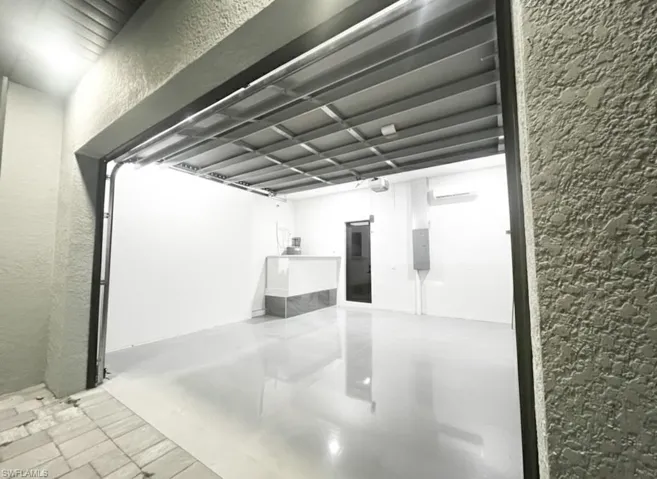 Garage with a textured wall