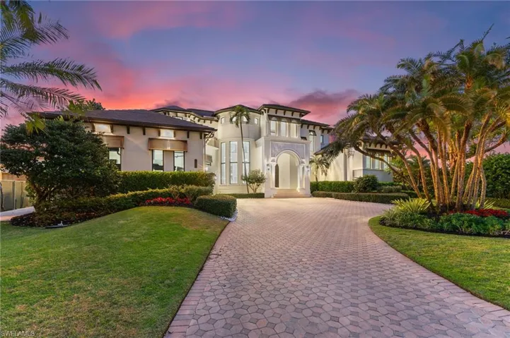 Driveway entrance at sunset.
