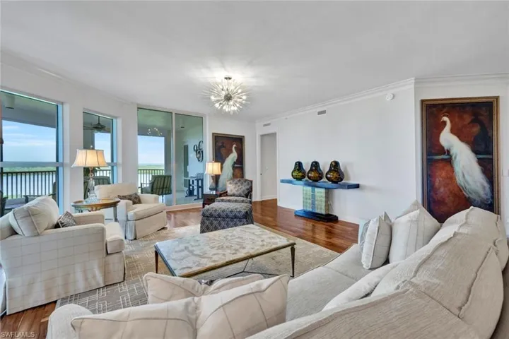 Spacious living room with expansive gulf and bay views.