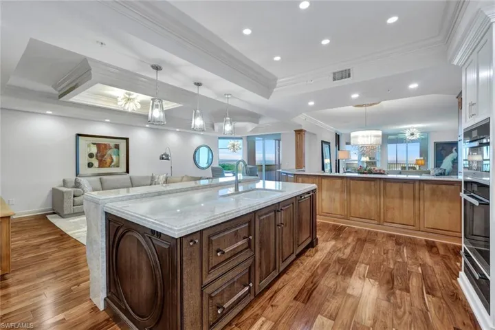 Kitchen and family room.  Note the ceiling detailing.