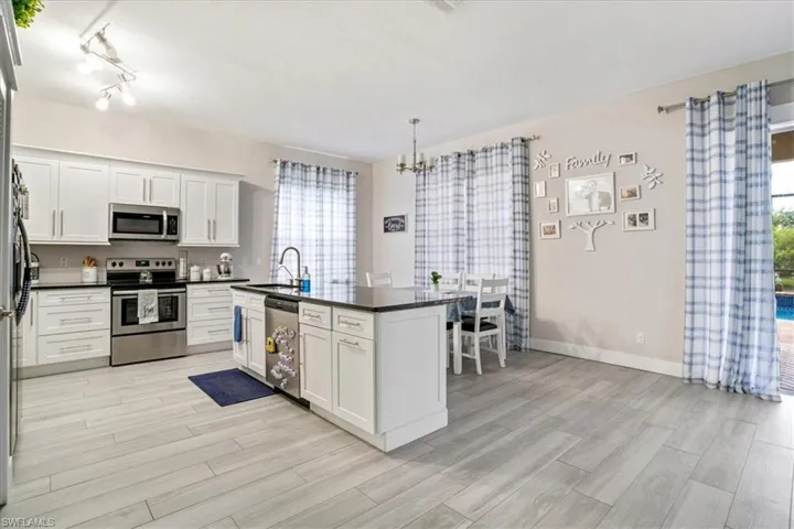 Kitchen with stainless steel appliances, white cabinets, a wealth of natural light, and rail lighting