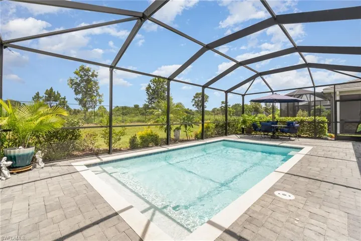View of swimming pool with a patio area and a lanai