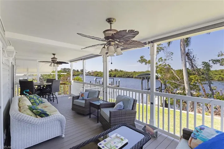 The covered porch with sunshades overlooking the Orange river.