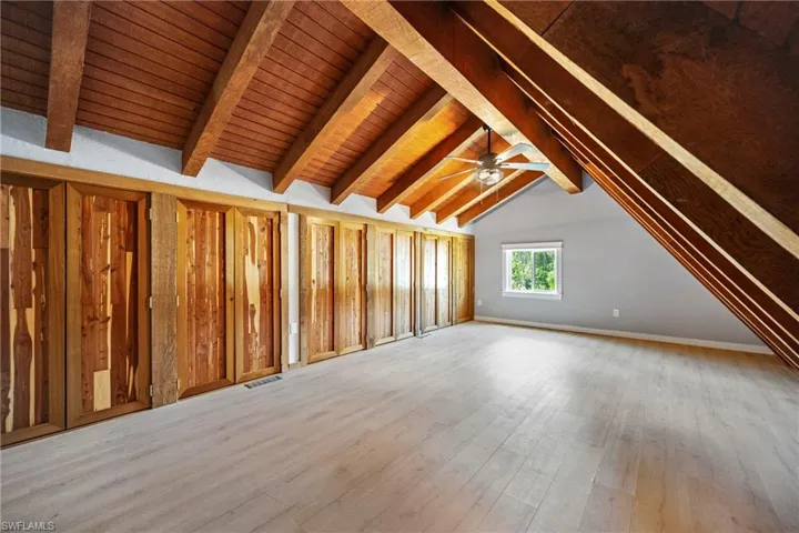 Large bonus room w/Cedar closets, shoes, cubies, walk-in closet, rods for hanging clothes.  There's a glare or something - no problem with the wood.