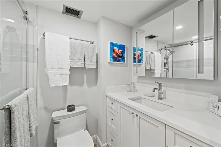 Bathroom with vanity, toilet, and a shower with shower door