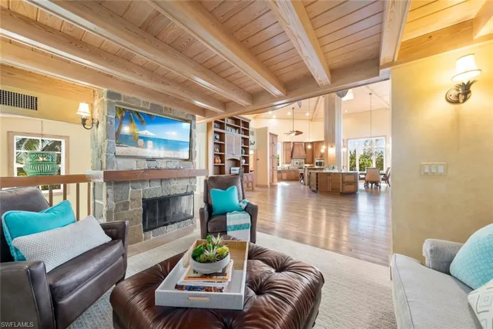 Family Room with wood burning fireplace.