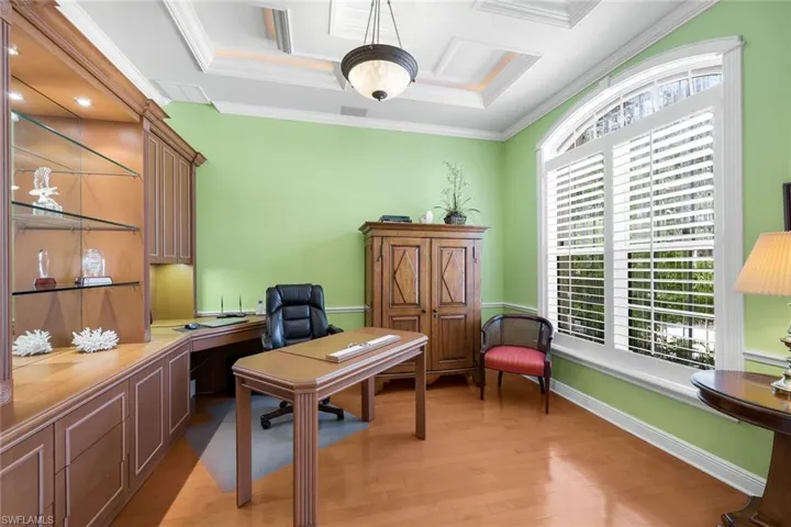 Office w. Coffered Ceiling & Custom Wall Built-in